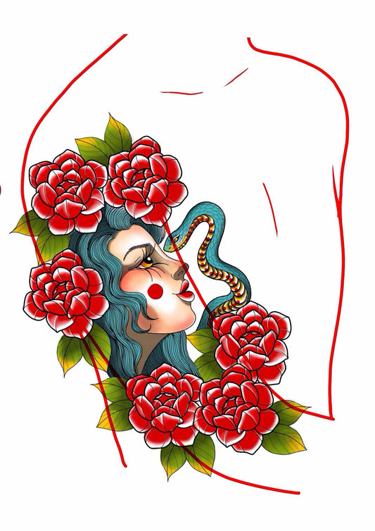 Mujer, serpiente y rosas.